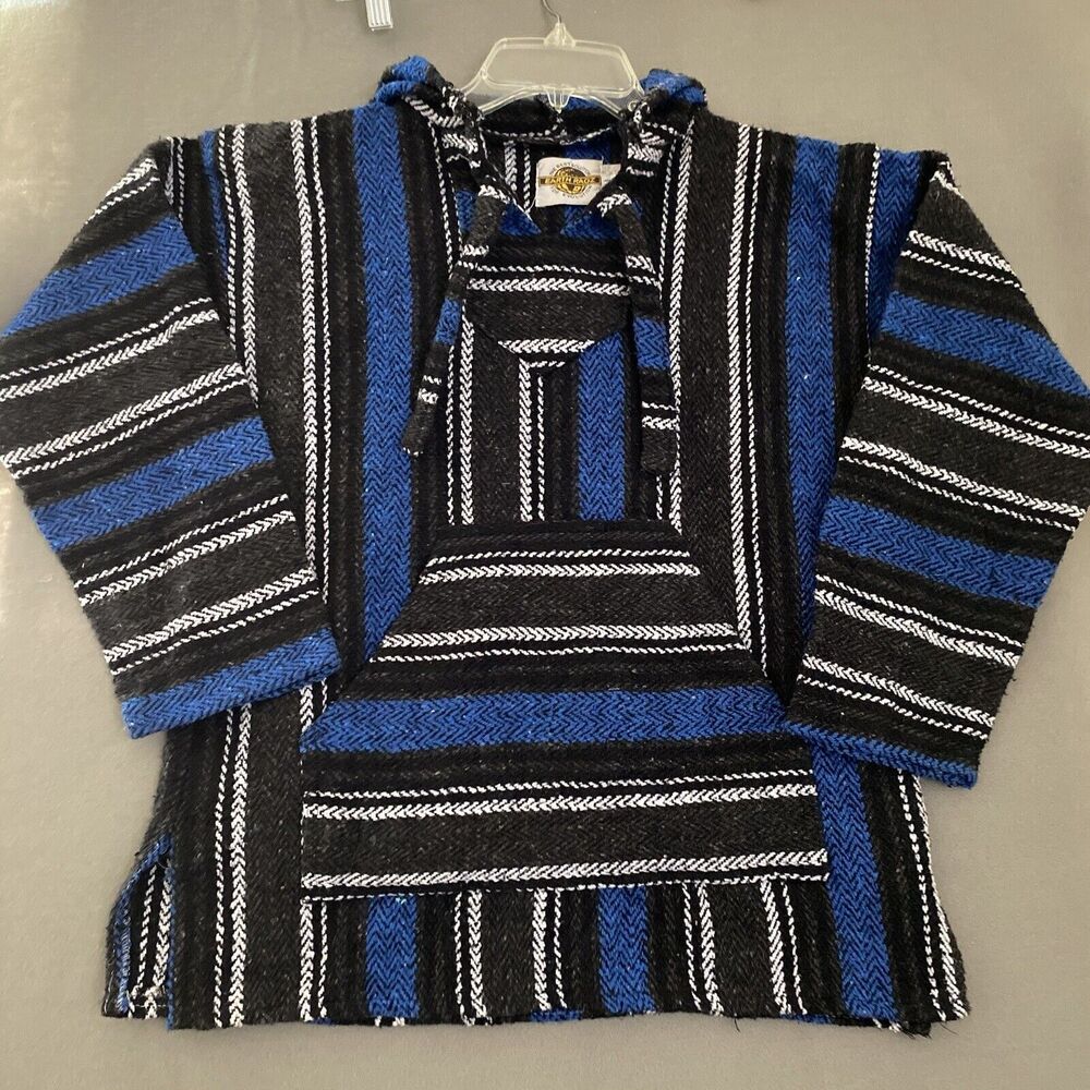 Earth‎ Ragz Drug Rug Hoodie womens Medium Blue Black Baja Mexico Poncho Hippie